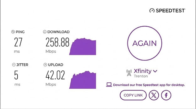 verified speed test result from a Xfinity Internet user in Trenton, NJ