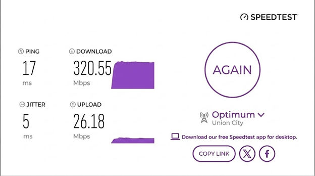 verified speed test result from an Optimum user in  Union City, NJ