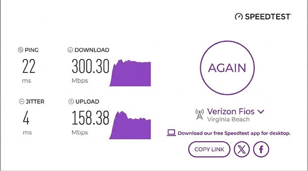 verified speed test result from a Verizon Fios user in Virginia Beach, VA