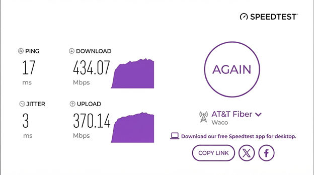 verified speed test result of an AT&T Fiber user in Waco, TX