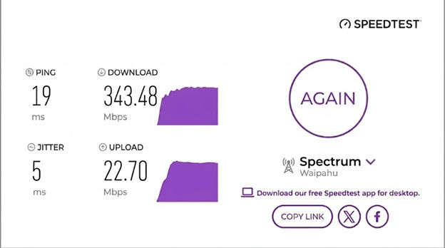 verified speed test from a Spectrum user in Waipahu, HI
