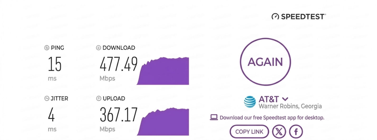verified speed test result from an AT&T Fiber user in Warner Robins, GA