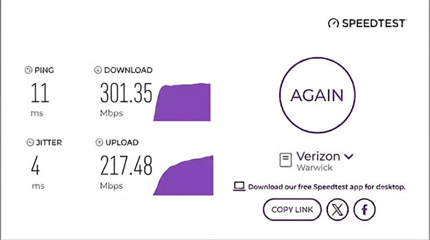 verified speed test result from a Verizon Fios user in Warwick, RI