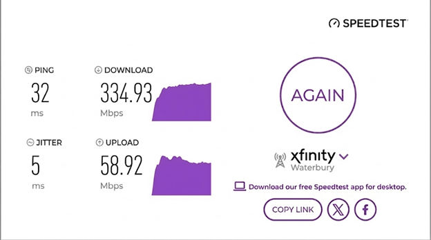 verified speed test result from a Xfinity Internet user in Waterbury, CT