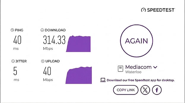 verified speed test result from a Mediacom user in Waterloo, IA