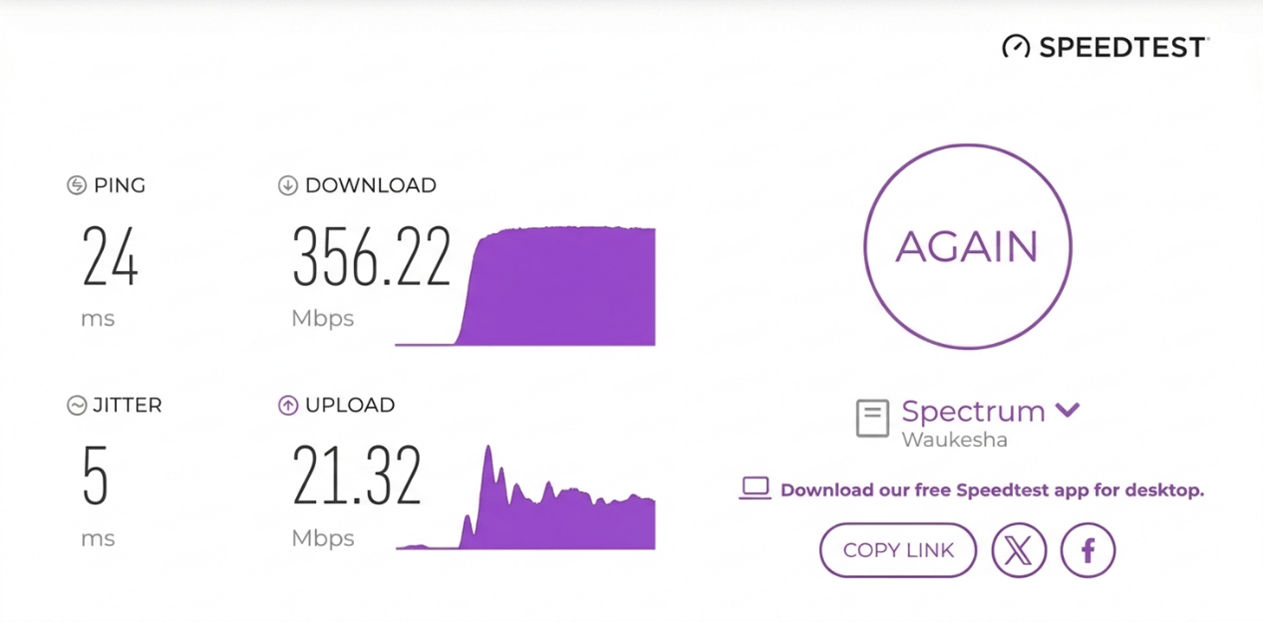 verified speed test result from a Spectrum user in Waukesha, WI