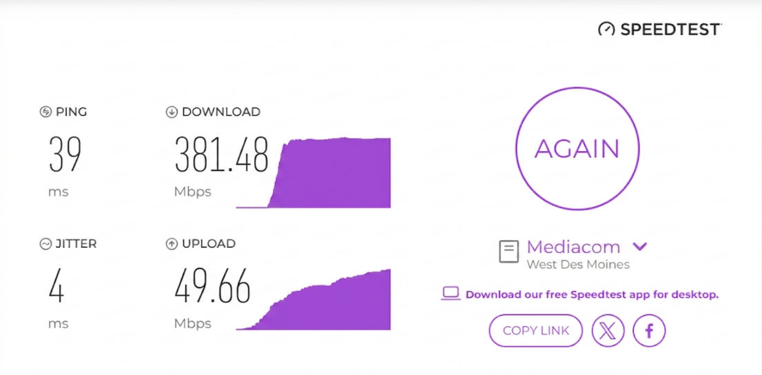verified speed test result from a Mediacom user in West Des Moines, IA