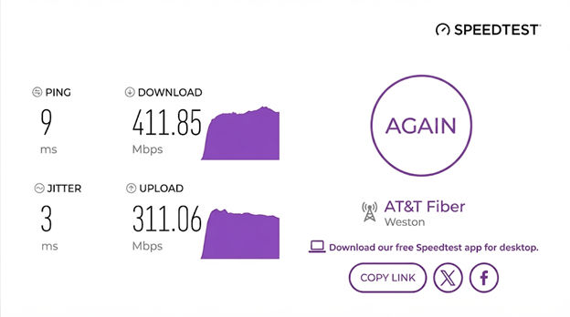verified speed test result of an AT&T Fiber user in Weston, FL