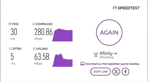verified speed test result from an Xfinity Internet user in Wheeling, WV