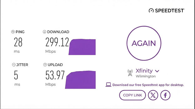 verified speed test result from an Xfinity user in Wilmington, DE