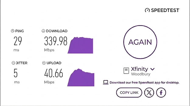 verified speed test result from an Xfinity Internet user in Woodbury, MN