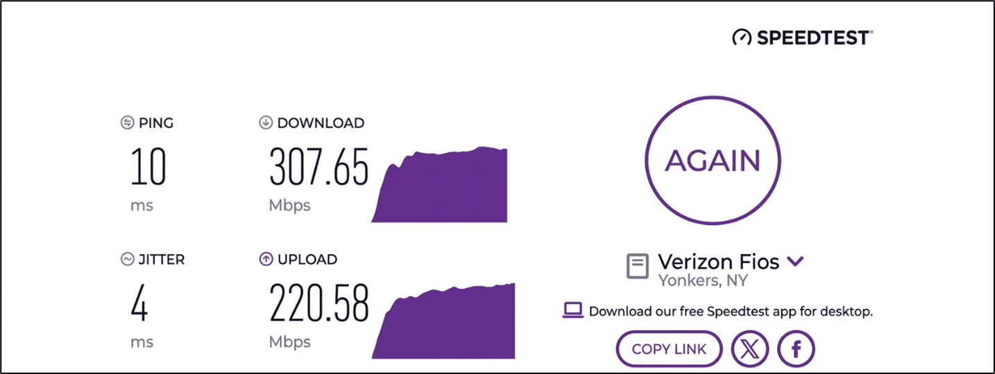 verified speed test result from a Verizon user in Yonkers, NY