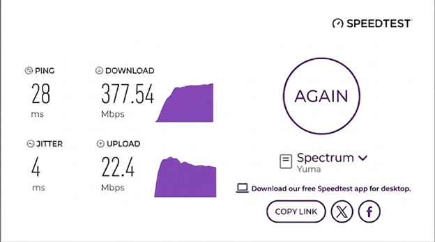 verified speed test result from a Spectrum Internet user in Yuma, AZ