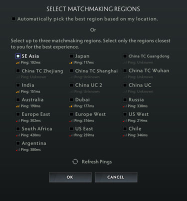 average pings for various DOTA2 servers