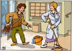 Dessin d'un homme entrant dans un hall en ayant retiré ses chaussures car une aide ménagère est en train de nettoyer le sol