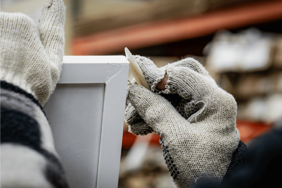 Gloved hands finishing frame corner sanding