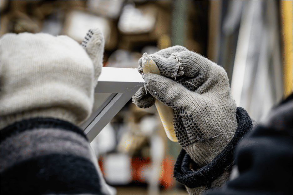 Sanding frame corner with protective gloves