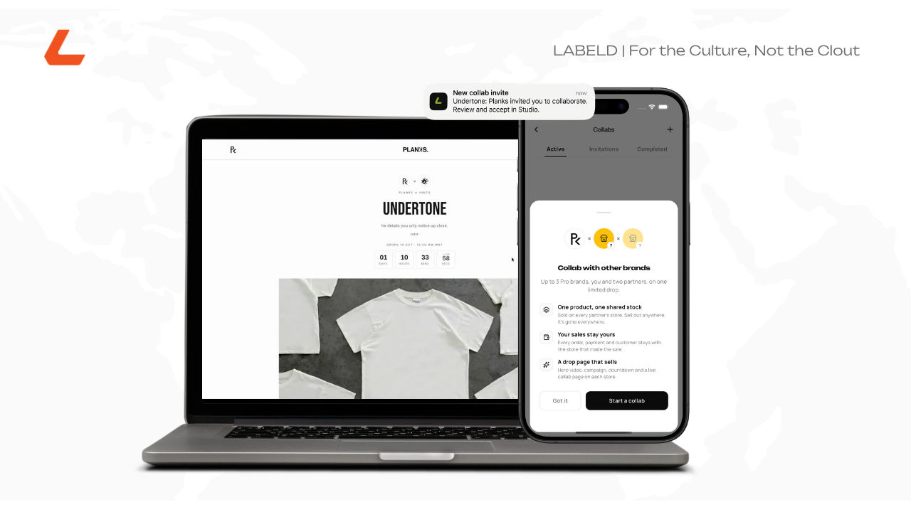 A split image featuring two distinct independent brand products side-by-side, suggesting a collaborative collection or product drop.