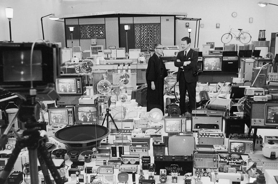 Kōnosuke Matsushita Surrounded by the many products built by Panasonic