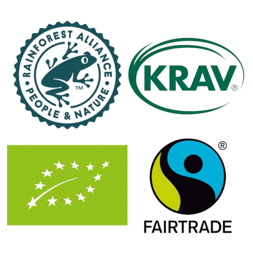 4 logotyper på olika varianter av certifieringar på kaffe. Rainforrest alliance, KRAV, EU ekologisk och Fairtrade