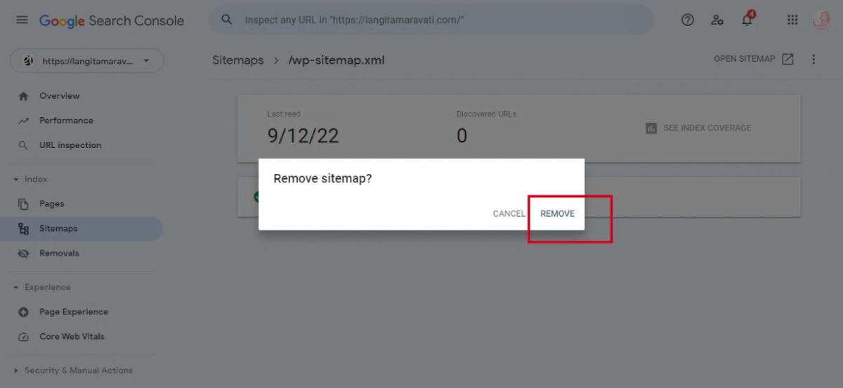 Cara menghapus sitemap di Google Search Console step 3