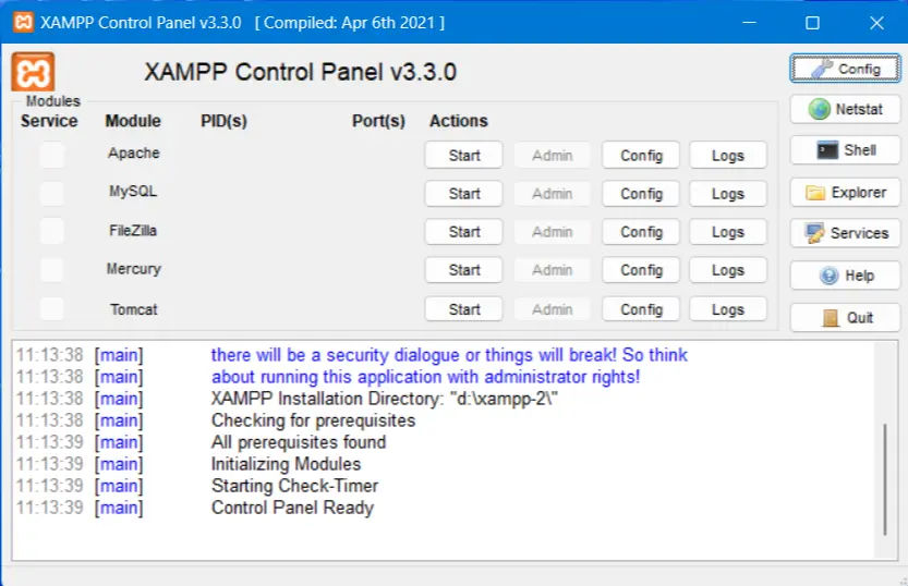 control panel XAMPP