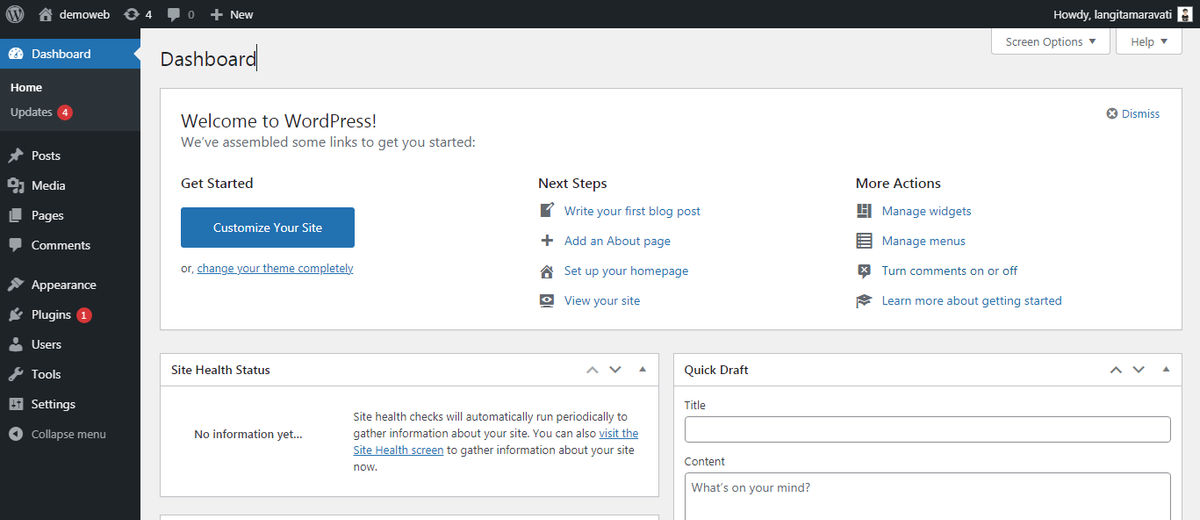 Tampilan dashboard wordpress