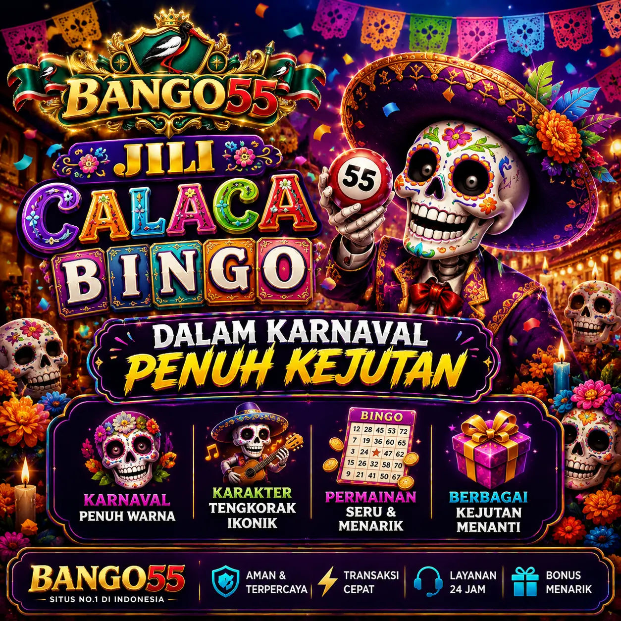 Thumbnail 1 of 3, Poster, BANGO55 | JILI Calaca Bingo dalam Karnaval Penuh Kejutan designed and sold by BANGO55.