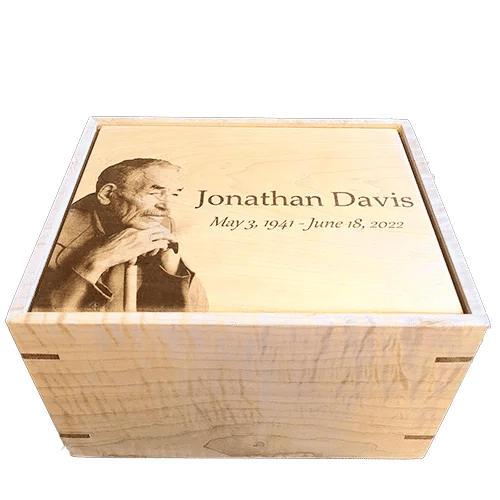 solid maple wood beautifly handcrafted urn engraved with an individuals portrait