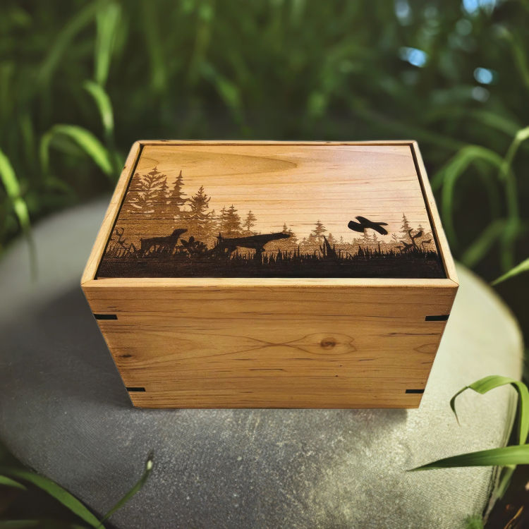 Engraved maple wood cremation urn with forest scene featuring two bird dogs and a bird. Ideal for medium-sized urns.