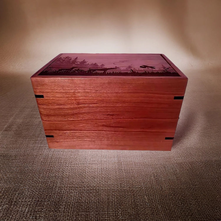 Front and top view of Cherry Forest Scene Memorial Urn, showcasing pre-engraved bird dogs flushing a pheasant in a forest.