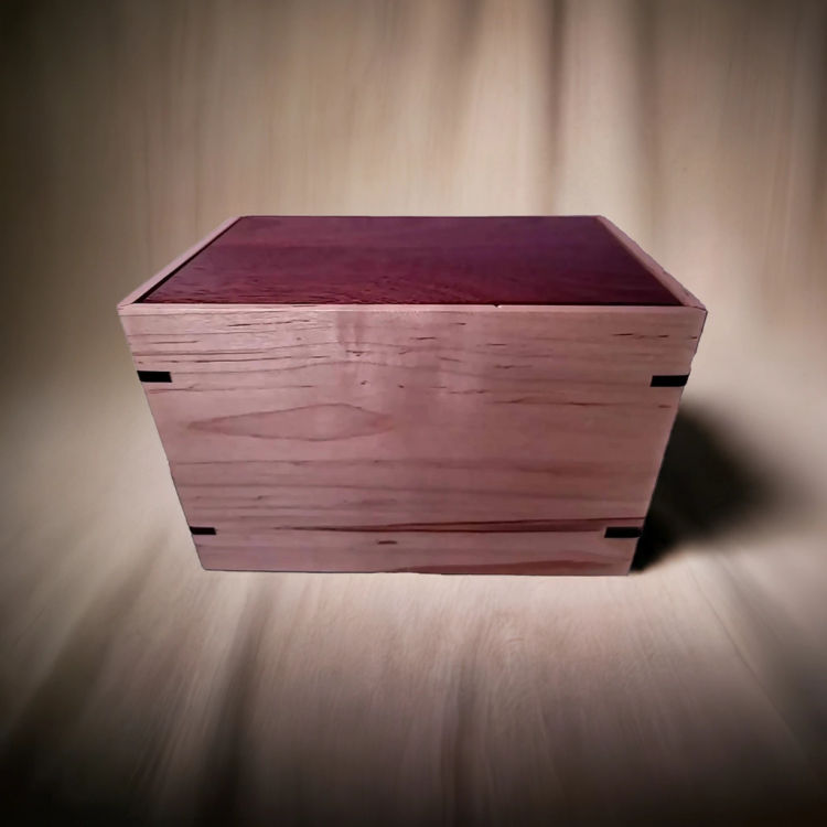 Front and top view of Mahogany & Maple Elegance Urn, showcasing its design and customizable engraving area