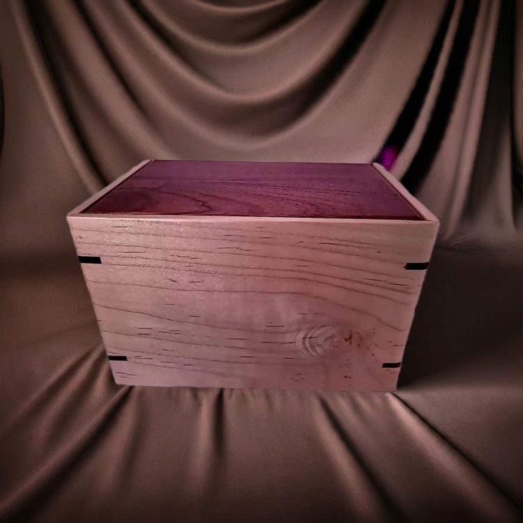 Front and top view of Mahogany & Maple Remembrance Urn, showcasing its design and customizable engraving area