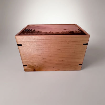 Front and top view of Maple Forest Scene Memorial Urn with detailed deer engraving.