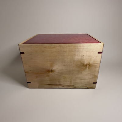 Front and top view of Purpleheart Maple Memorial Urn, showcasing its design and customizable engraving area