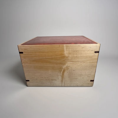 Front and top view of Purpleheart Maple Tribute Urn, showcasing its design and customizable engraving area