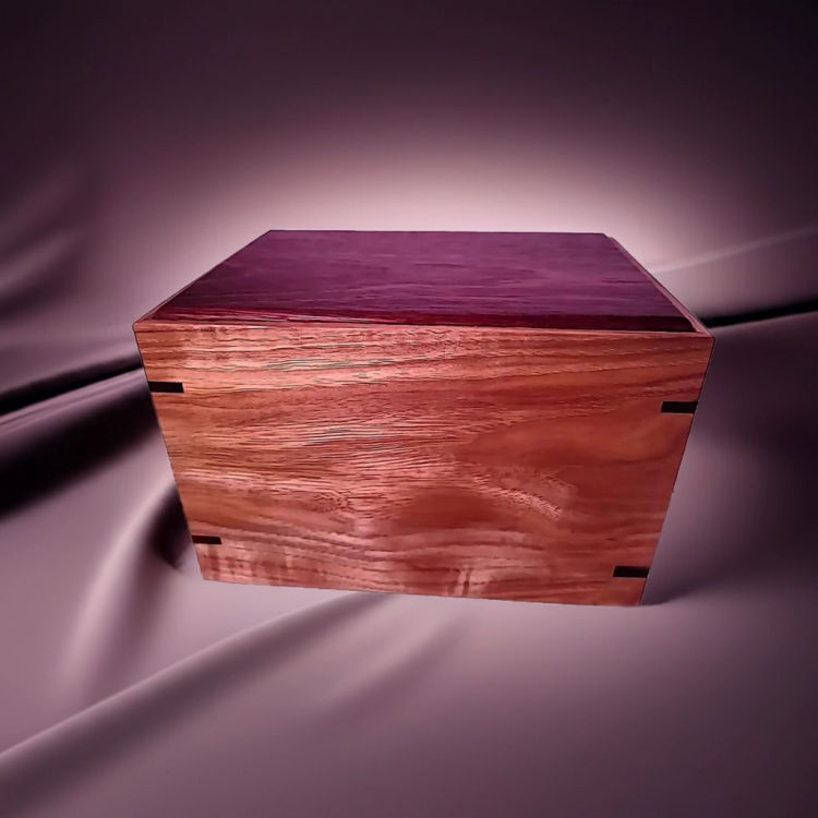Front and top view of Red-Hardwood & Hickory Keepsake Urn, showcasing its design and customizable engraving area