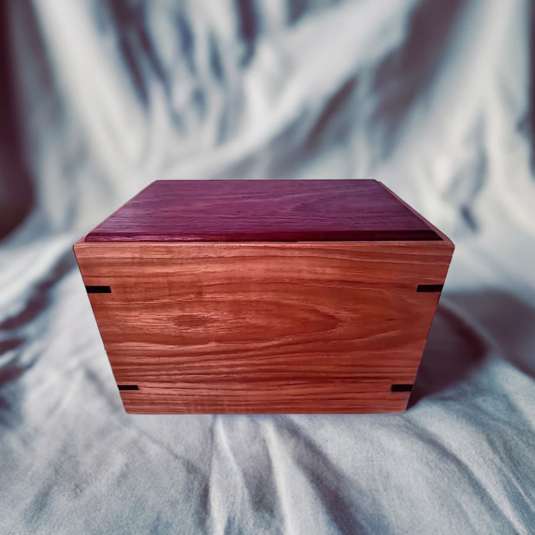 Front and top view of Red-Hardwood & Hickory Tribute Urn, showcasing its design and customizable engraving area