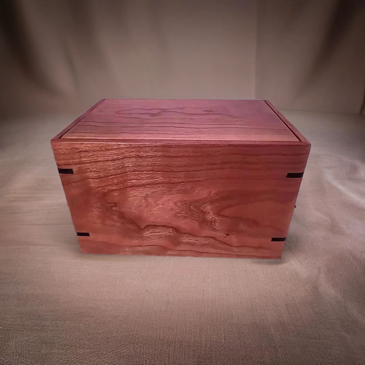 Front and top view of Solid Cherry Memorial Urn, showcasing its design and customizable engraving area