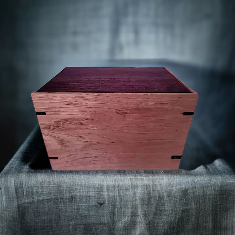 Front and top view of Walnut & Hickory Tribute Urn, showcasing its design and customizable engraving area