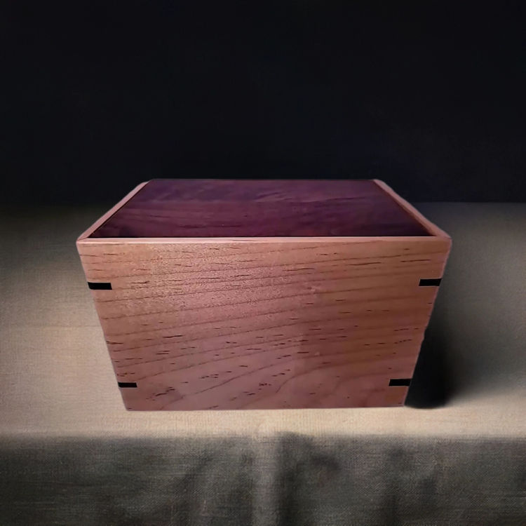 Front and top view of Walnut & Maple Keepsake Urn, showcasing its design and customizable engraving area