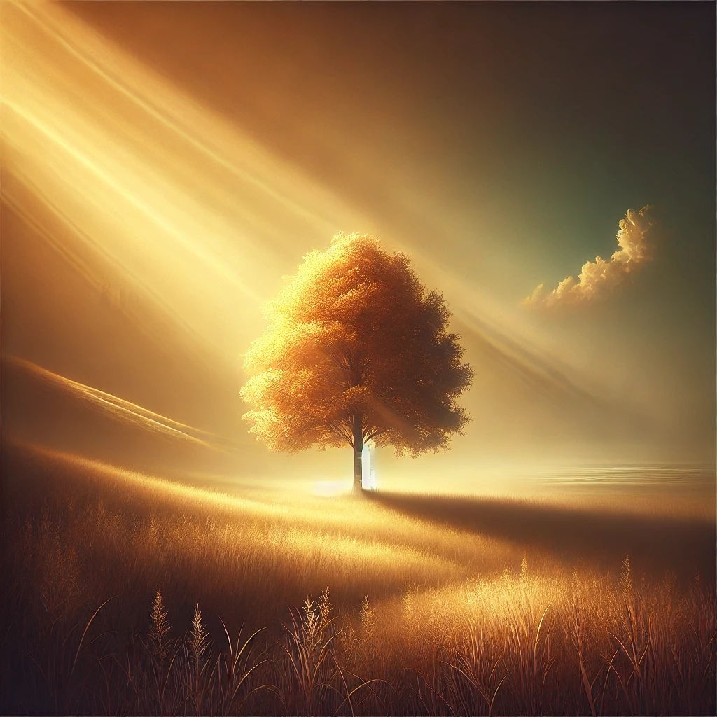 A golden tree in a peaceful meadow, symbolizing life, love, and loss; representing hardwood urns by Flint's Woodshop.