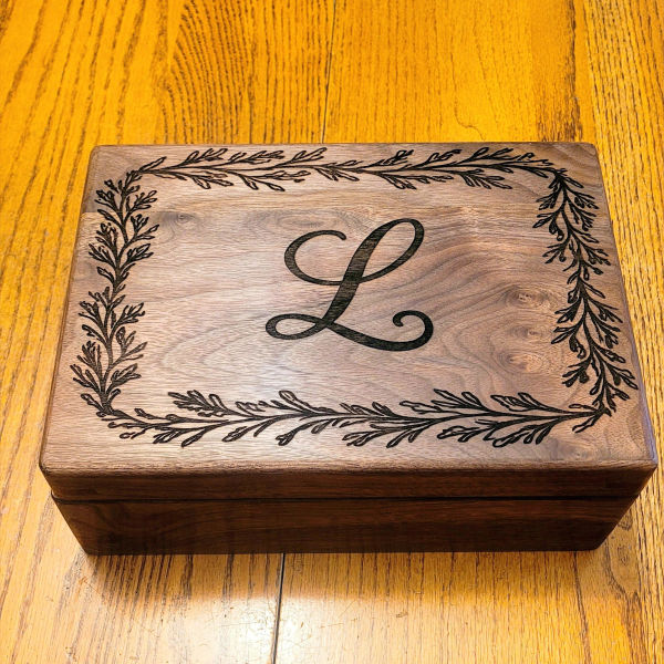 handcrafted walnut keepsake box with custom laser engraving