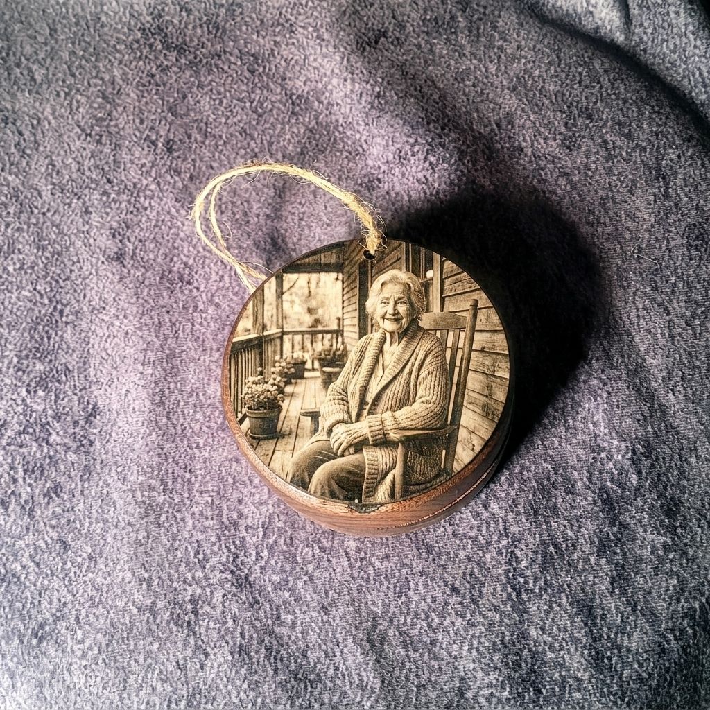 handcrafted round walnut ring box ornament with a laser-engraved photo on a birch panel