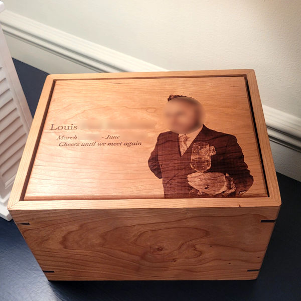 handcrafted wooden urn with custom laser engraving