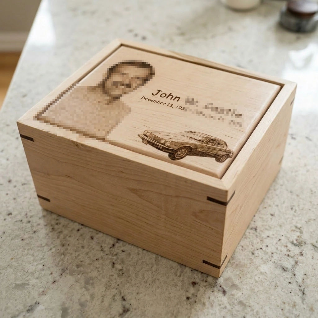 custom handcrafted solid maple cremation urn laser engraved with portrait and classic car