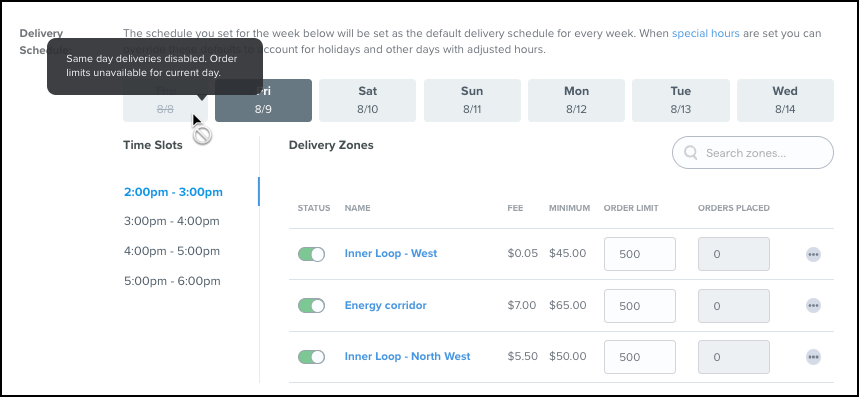 Delivery schedule with time slots and zones.