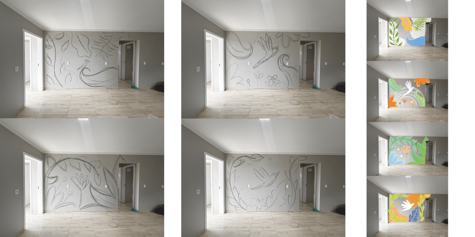 Using Affinity, I was able to draw and test as many times as I needed, as well as test the colors. We adjusted the drawing and started scribbling on the wall. We started with the white base (very thin to give a special touch to the background).