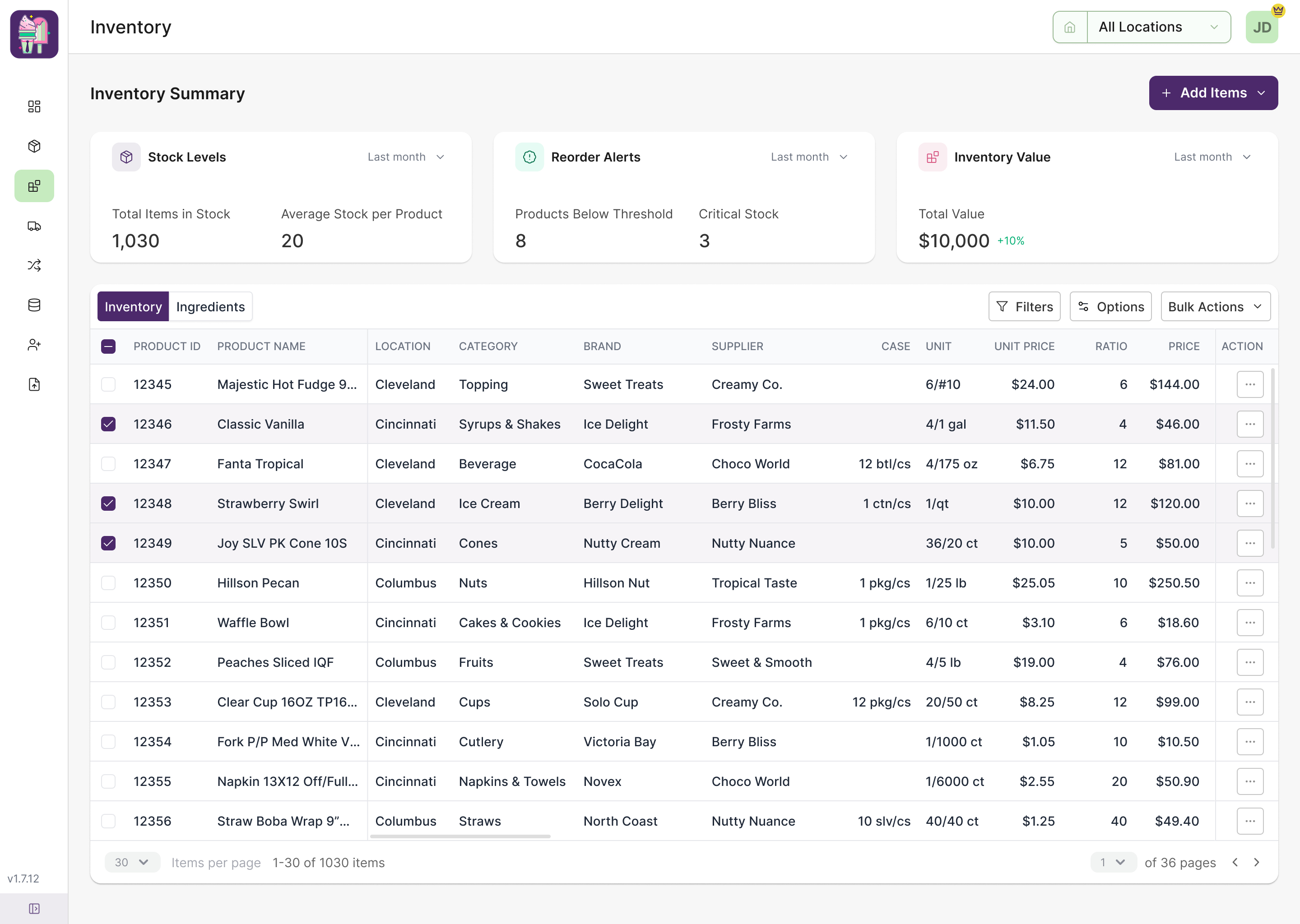 ChillManager Inventory Data Table