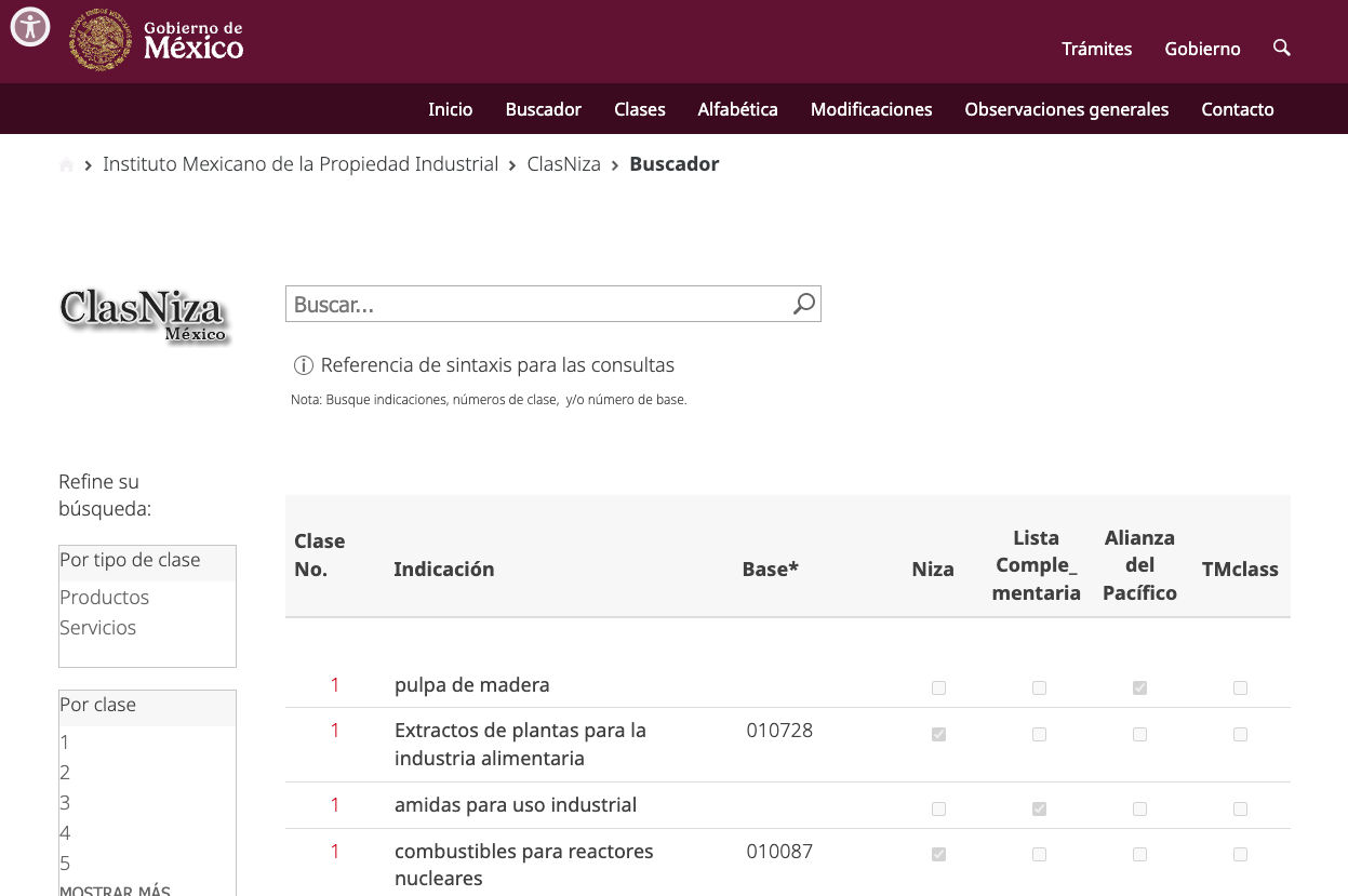 Captura de la herramienta ClasNiza del IMPI